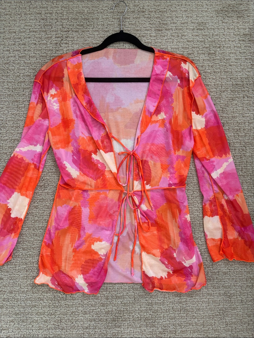 Mesh Tie-Front Blouse in Pink & Orange coverup